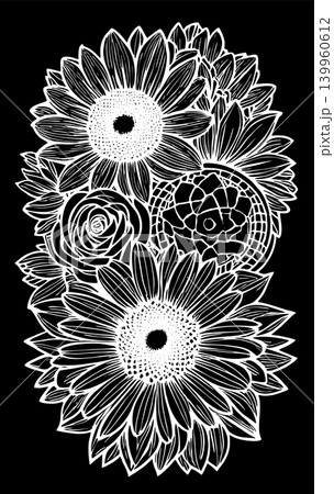 white graphic contour drawing of a bouquet of flowers on a black background, design white graphic contour drawing of a bouquet of flowers on a black background, design 139960612