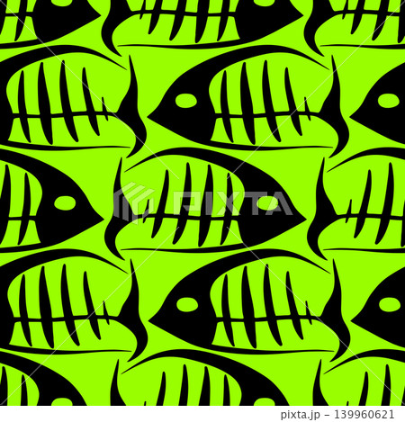 graphic black and green fish skeletons seamless pattern, texture, background 139960621