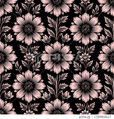 Seamless simple floral pattern with pink and black flowers, texture, design Seamless simple floral pattern with pink and black flowers, texture, design 139960627