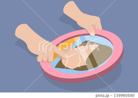 3D Isometric Flat Vector Illustration of Anxiety, Woman With Bipolar Disorder Sees Herself In A Broken Mirror 139960880