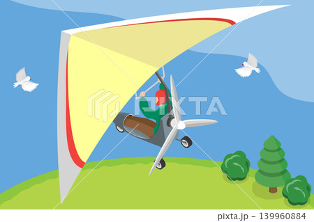 3D Isometric Flat Vector Illustration of Motor Deltaplan, Soaring Through The Sky On Hang Glider In Air 139960884