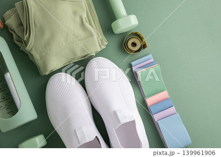 Fitness essentials planning healthy active lifestyle on green background 139961906