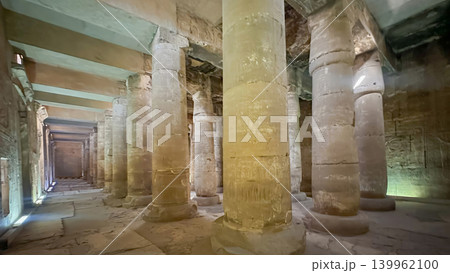 Beautiful interiors and ancient hieroglyphs in the Temple of Seti I in Abydos, Egypt. 139962100