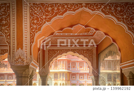 Ornate interior of a historic palace in Jaipur, India. Ornate interior of a historic palace in Jaipur, India. 139962192