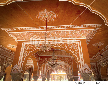 Ornate interior of a historic palace in Jaipur, India. 139962195