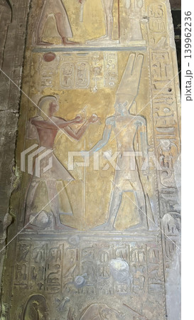 Beautiful bas-reliefs and ancient hieroglyphs in the Temple of Seti I in Abydos, Egypt. 139962236