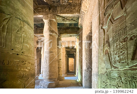 Beautiful interiors and ancient hieroglyphs in the Temple of Seti I in Abydos, Egypt. Beautiful interiors and ancient hieroglyphs in the Temple of Seti I in Abydos, Egypt. 139962242
