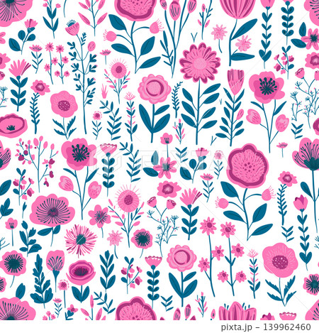 Seamless background with pink simple flowers. hand drawn. Not AI. Vector illustration Seamless background with pink simple flowers. hand drawn. Not AI. Vector illustration 139962460