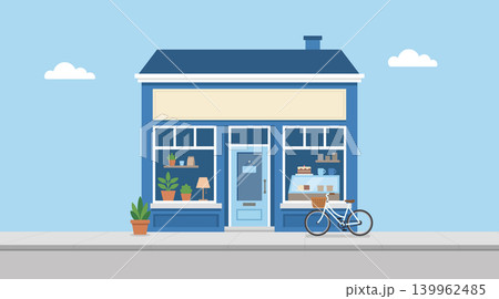 Cute blue cafe storefront exterior, small coffee shop facade with bicycle on street sidewalk, flat vector illustration Cute blue cafe storefront exterior, small coffee shop facade with bicycle on street sidewalk, flat vector illustration 139962485