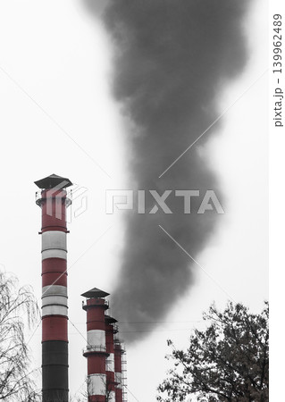 Pollution environment air ecology global problems. Toxic grey smoke dirty chimney industrial plant released atmosphere Pollution environment air ecology global problems. Toxic grey smoke dirty chimney industrial plant released atmosphere 139962489