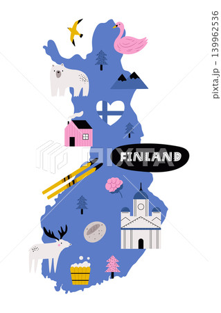 Cute Finland map with Nordic symbols and famous places Cute Finland map with Nordic symbols and famous places 139962536
