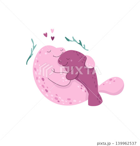Cartoon manatee mother and baby animal on white background Cartoon manatee mother and baby animal on white background 139962537
