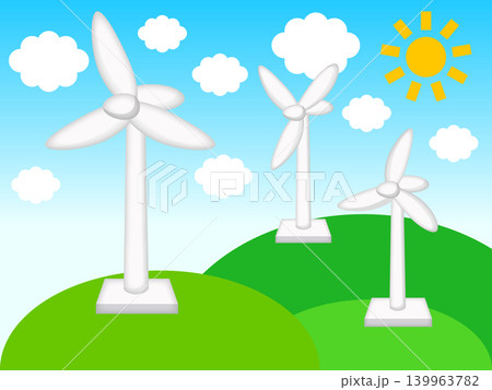 風力発電する風力タービンと山のイラスト素材 139963782