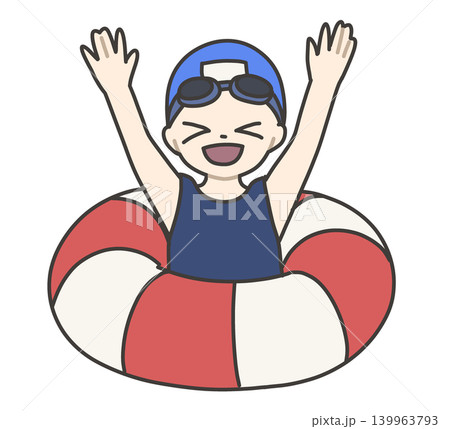 赤白の浮き輪に入って両手を上げる笑顔の女の子 赤白の浮き輪に入って両手を上げる笑顔の女の子 139963793