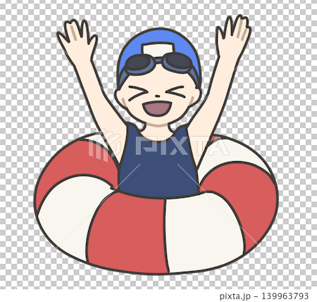 A smiling girl with her arms raised, inside a red and white inflatable ring. A smiling girl with her arms raised, inside a red and white inflatable ring. 139963793