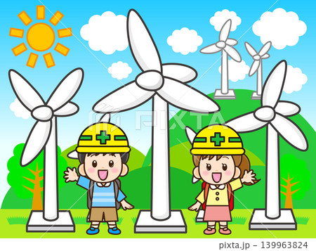 風力発電を学ぶ小学生のイラスト素材 風力発電を学ぶ小学生のイラスト素材 139963824