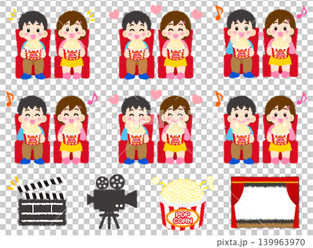 A set of illustrations of a man and woman watching a movie while eating popcorn. A set of illustrations of a man and woman watching a movie while eating popcorn. 139963970