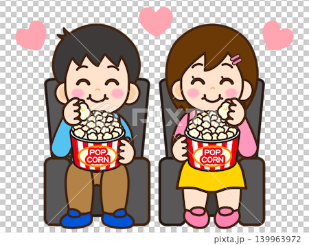 Illustration 4 of a man and woman watching a movie while eating popcorn Illustration 4 of a man and woman watching a movie while eating popcorn 139963972