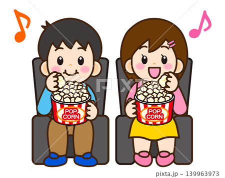 ポップコーンを食べながら映画鑑賞する男女のイラスト素材3 139963973