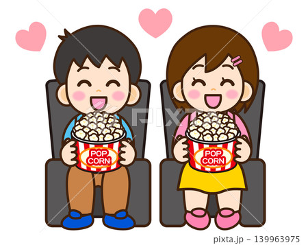 ポップコーンを食べながら映画鑑賞する男女のイラスト素材 ポップコーンを食べながら映画鑑賞する男女のイラスト素材 139963975