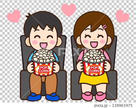 ポップコーンを食べながら映画鑑賞する男女のイラスト素材 ポップコーンを食べながら映画鑑賞する男女のイラスト素材 139963975