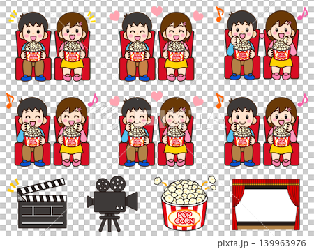 Illustration set 2 of a man and woman watching a movie while eating popcorn. Illustration set 2 of a man and woman watching a movie while eating popcorn. 139963976