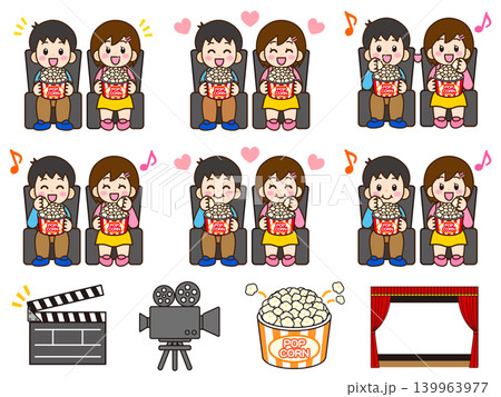ポップコーンを食べながら映画鑑賞する男女のイラスト素材セット3 139963977