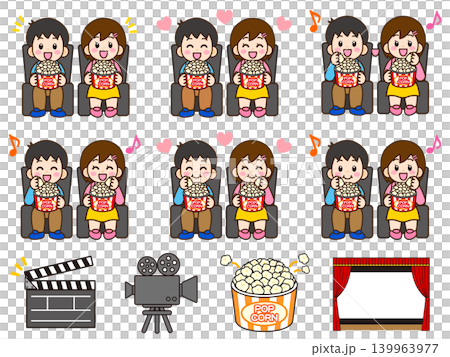 Illustration set 3 of a man and woman watching a movie while eating popcorn. Illustration set 3 of a man and woman watching a movie while eating popcorn. 139963977