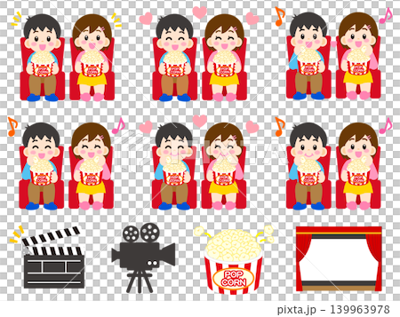 A set of illustrations of a man and woman watching a movie while eating popcorn (set of 4) A set of illustrations of a man and woman watching a movie while eating popcorn (set of 4) 139963978