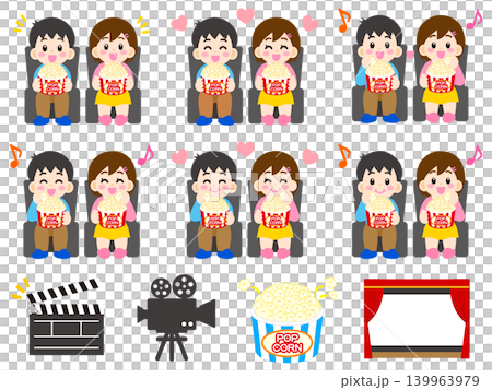 A set of 5 illustrations of a man and woman watching a movie while eating popcorn. A set of 5 illustrations of a man and woman watching a movie while eating popcorn. 139963979