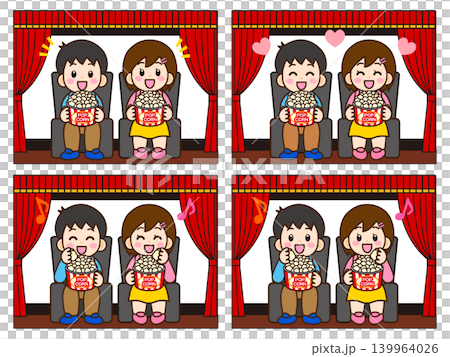 A set of illustrations of a man and woman eating popcorn while watching a movie in a movie theater. A set of illustrations of a man and woman eating popcorn while watching a movie in a movie theater. 139964026