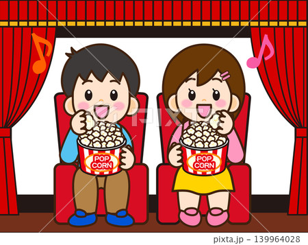 映画館で映画鑑賞しながらポップコーンを食べる男女のイラスト素材4 139964028