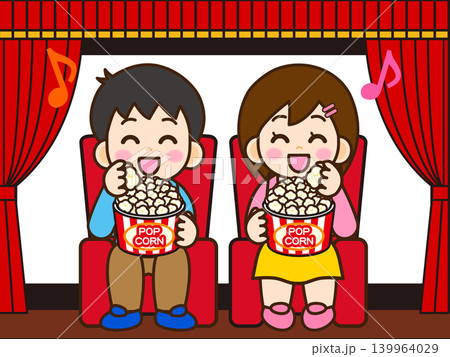 映画館で映画鑑賞しながらポップコーンを食べる男女のイラスト素材3 映画館で映画鑑賞しながらポップコーンを食べる男女のイラスト素材3 139964029