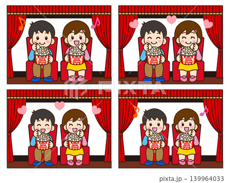 映画館で映画鑑賞しながらポップコーンを食べる男女のイラスト素材セット3 映画館で映画鑑賞しながらポップコーンを食べる男女のイラスト素材セット3 139964033