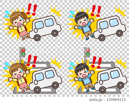 一組描繪兩名兒童在道路上遭遇交通事故的插圖。 一組描繪兩名兒童在道路上遭遇交通事故的插圖。 139964213