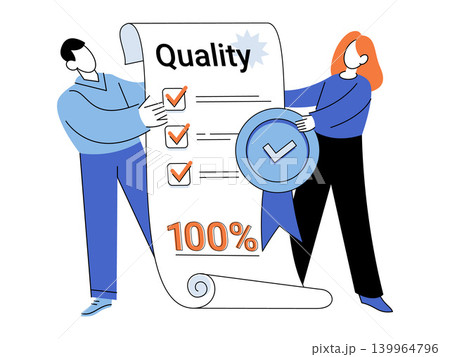 People holding a giant quality checklist vector illustration. Quality assurance, business standards, certification, satisfaction, verification, excellence. Characters presenting a certificate 139964796