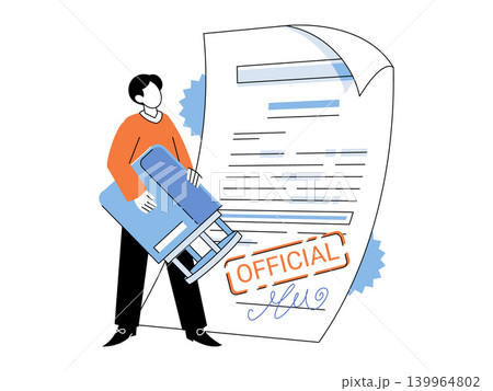 Man holding a giant stamp next to a paper vector illustration. Legal approval, certification, verification, contract signing, bureaucracy, official permit. Person sealing a certificate Man holding a giant stamp next to a paper vector illustration. Legal approval, certification, verification, contract signing, bureaucracy, official permit. Person sealing a certificate 139964802