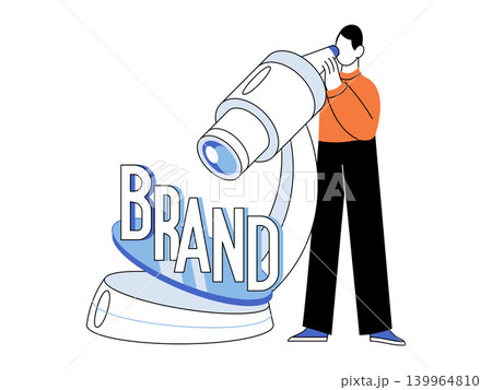 Man looks through microscope at brand word vector illustration. Brand identity, marketing research, business analysis, strategy, audit, focus. Male character inspecting text with laboratory tool Man looks through microscope at brand word vector illustration. Brand identity, marketing research, business analysis, strategy, audit, focus. Male character inspecting text with laboratory tool 139964810