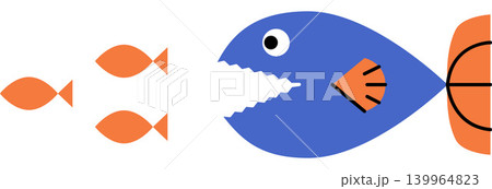 Big blue fish chasing small orange fish vector illustration. Business competition, market dominance, survival, corporate takeover, risk, growth strategy. Large predator hunting tiny prey Big blue fish chasing small orange fish vector illustration. Business competition, market dominance, survival, corporate takeover, risk, growth strategy. Large predator hunting tiny prey 139964823
