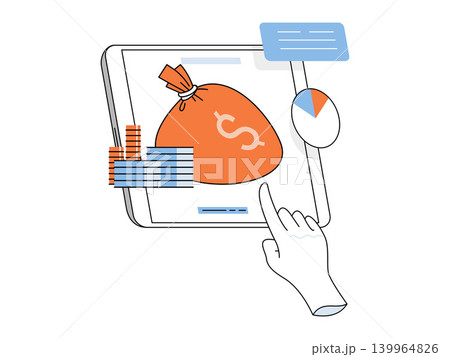 Hand touching tablet with money bag and coins vector illustration. Online banking, wealth management, investment, finance, budget, accounting. Finger on screen with cash and charts 139964826