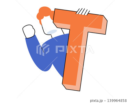 Man holding a large 3D letter T vector illustration. Branding identity, alphabet education, initial logo, typography design, team building, training. Male character with block character 139964858