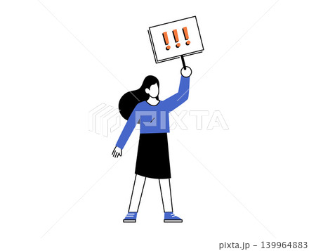 Woman holding a placard with exclamation marks vector illustration. Social activism, public protest, urgent warning, important announcement, attention grabbing, strike action. Female lifting a sign 139964883