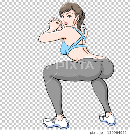 A young woman's back as she does squats - turns around A young woman's back as she does squats - turns around 139964923