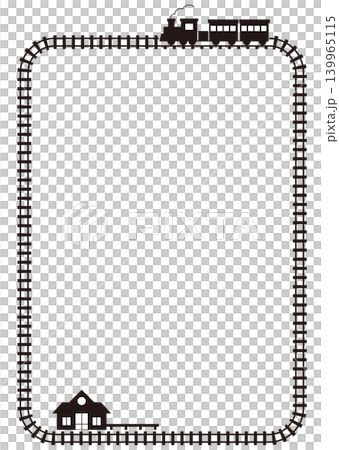 A simple vertical silhouette frame featuring railway tracks, a station, and a steam locomotive. A simple vertical silhouette frame featuring railway tracks, a station, and a steam locomotive. 139965115