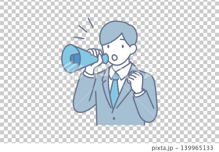 メガホンで情報発信するビジネスマンのイラスト メガホンで情報発信するビジネスマンのイラスト 139965133