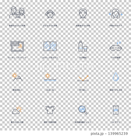 A set of simple and minimalist line art icons related to sun protection and UV care. A set of simple and minimalist line art icons related to sun protection and UV care. 139965239
