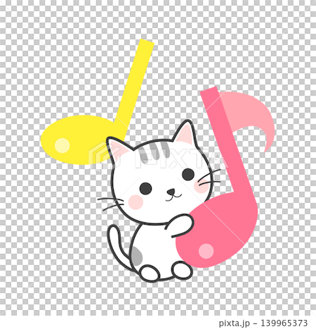 Cute illustrations of musical notes and a white cat Cute illustrations of musical notes and a white cat 139965373