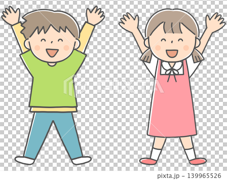 A child raising their arms in a cheer with a smile. A child raising their arms in a cheer with a smile. 139965526