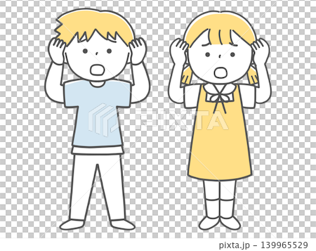 頭を抱えて困る男の子と女の子単色 139965529