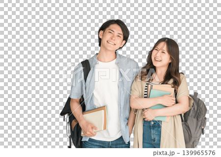 學生手拿課本和筆記本；男女大學生（校園生活、情人、情侶） 139965576